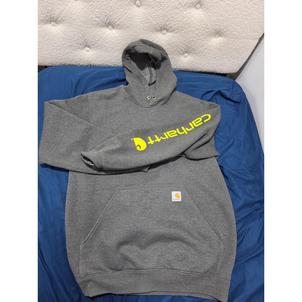 Carhartt Mens Loose Fit Midweight Sleeve Logo Hoodie Gray Neon Yellow Medium
